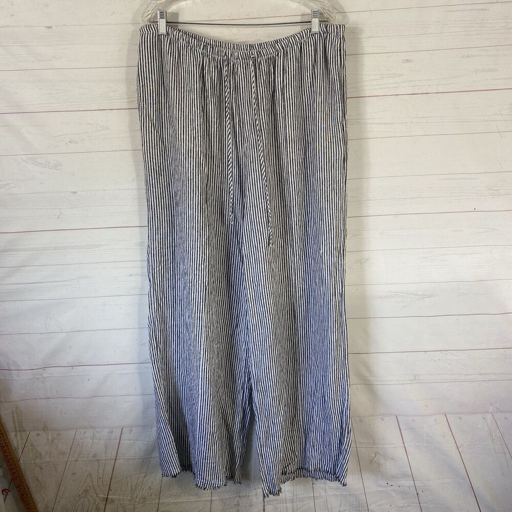 A New Day Womens Linen Blend Wide Leg Pull On Pants XL Black Stripe Pockets
